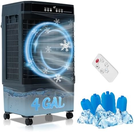 1800 CFM Swamp Cooler Portable Air Conditioners, 31” Evaporative Air Cooler with 4 Gallon Water Tank, 4 Ice Packs, 120°Oscillation Cooling Fan 2 Modes & 3 Speeds, 12H Timer for Home Outdoor Office