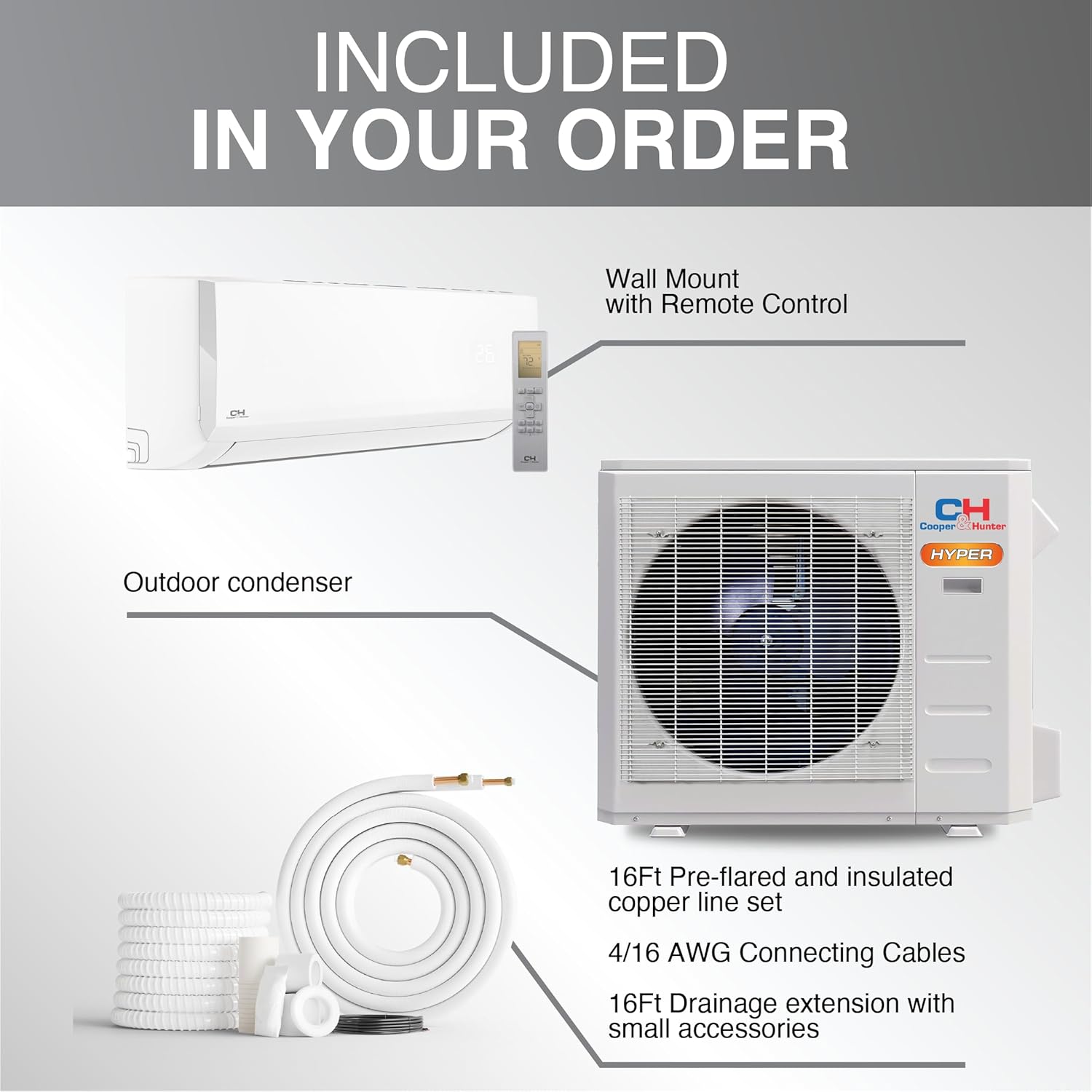 Cooper & Hunter Hyper Heat 24,000 BTU, 230V, 22.3 SEER2 Single Zone Wall Mount Ductless Mini Split Air Conditioner & Heater (Works at -22F) – 16FT Installation Kit & Smart Kit – Pre-Charged Inverter