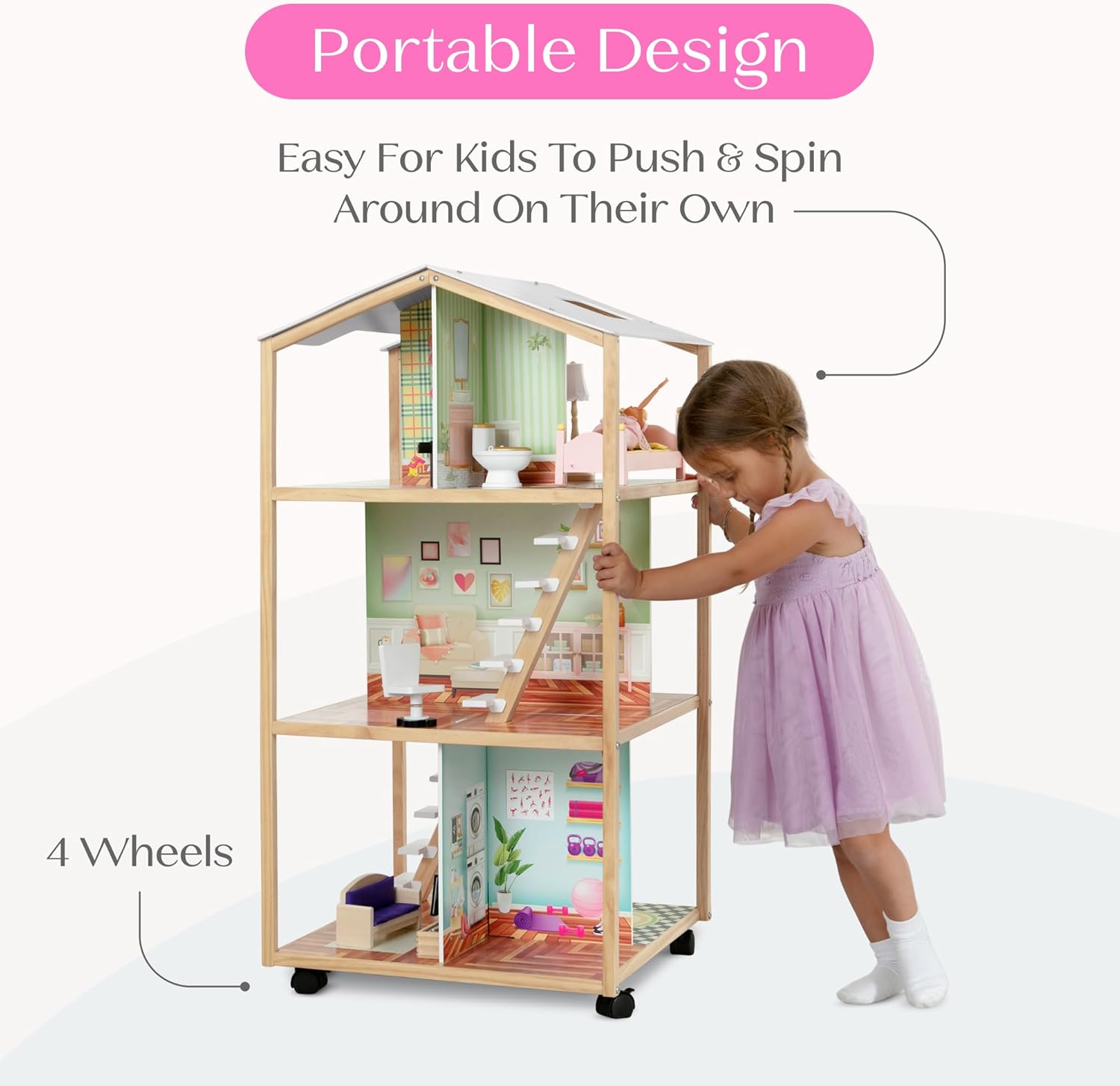 Delta Children Moveable Mansion Dollhouse - 360-Degree Play Dollhouse with Wheeled Base - Includes 16 Accessories - Fits 12-inch Dolls - Pretend Play Dream Gift for Ages 3+
