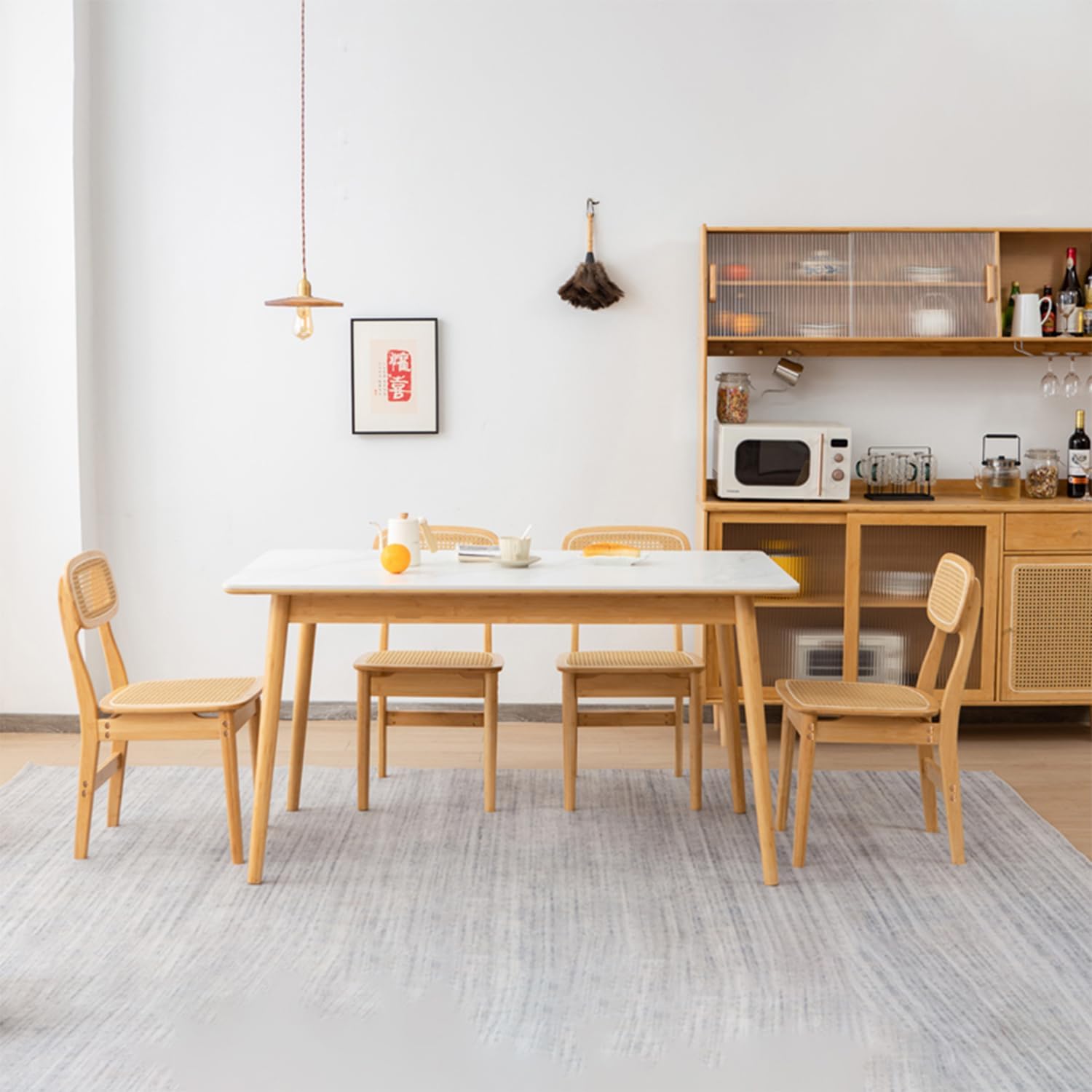 Mid Century Modern Accent Bamboo Chair with Rattan Seat and Cane Back, Practical Dining Chair Boho Style Handmade Natural Leisure Chair for Living Bedroom Dining Room Office Reception Reading Indoor