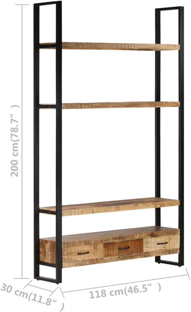 Rustic Solid Mango Wood Bookshelf with Black Metal Frame, 3 Spacious Shelves for Books and Decor, Unique Wood Grain Design, Wall Mountable Storage Unit for Living Room Office