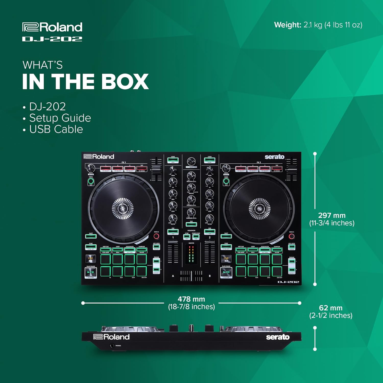 Roland DJ-202 Compact DJ Controller | 2-Channel, 4-Deck Controller for Serato DJ Lite | Large, Low-Latency Platters | Iconic Roland Drum Kit Sounds