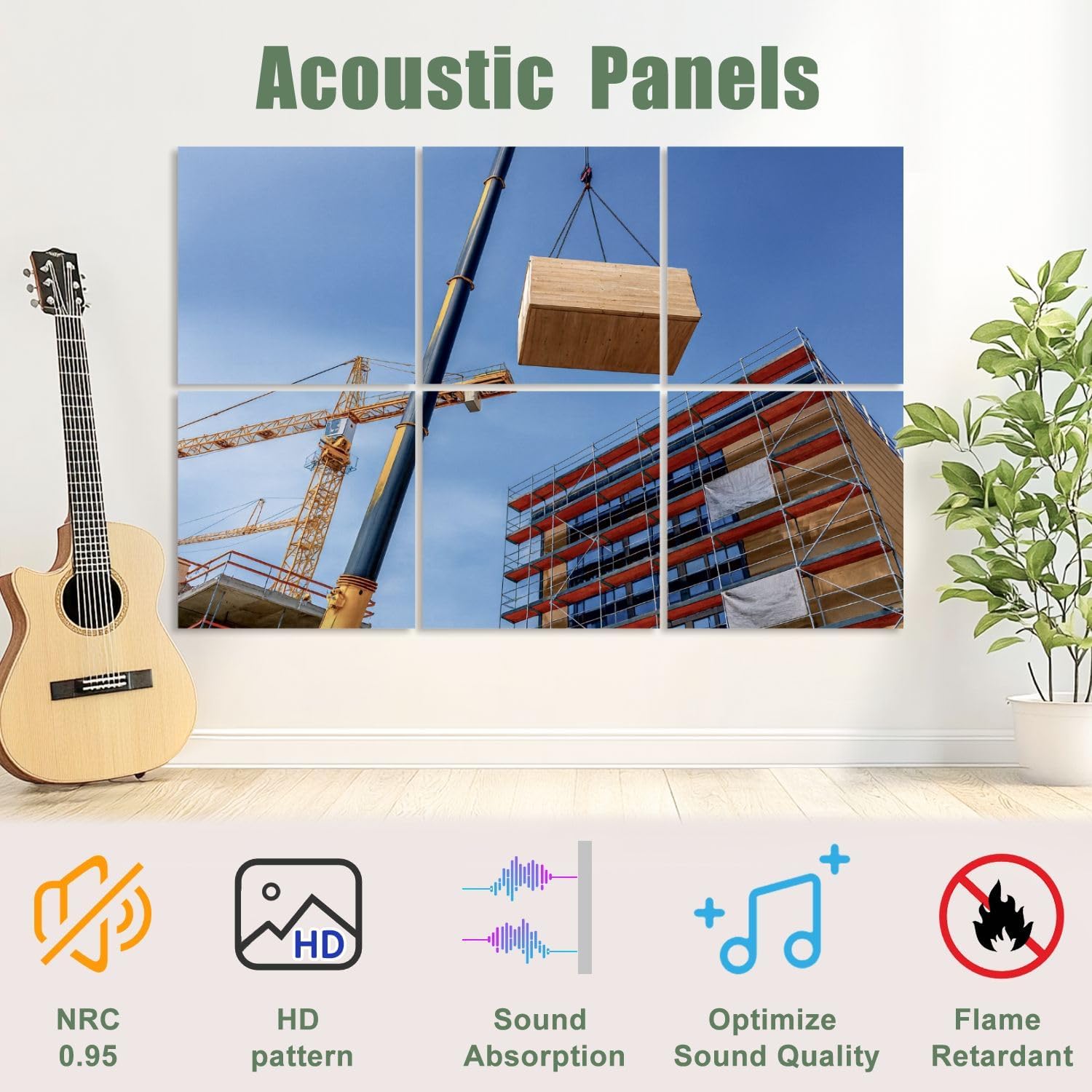 6 Pack Art Acoustic Panels Self Adhesive Crane lifting prefabricated wooden building module to its position Decorative Soundproof Wall Panels Sound Absorbing Panel 48