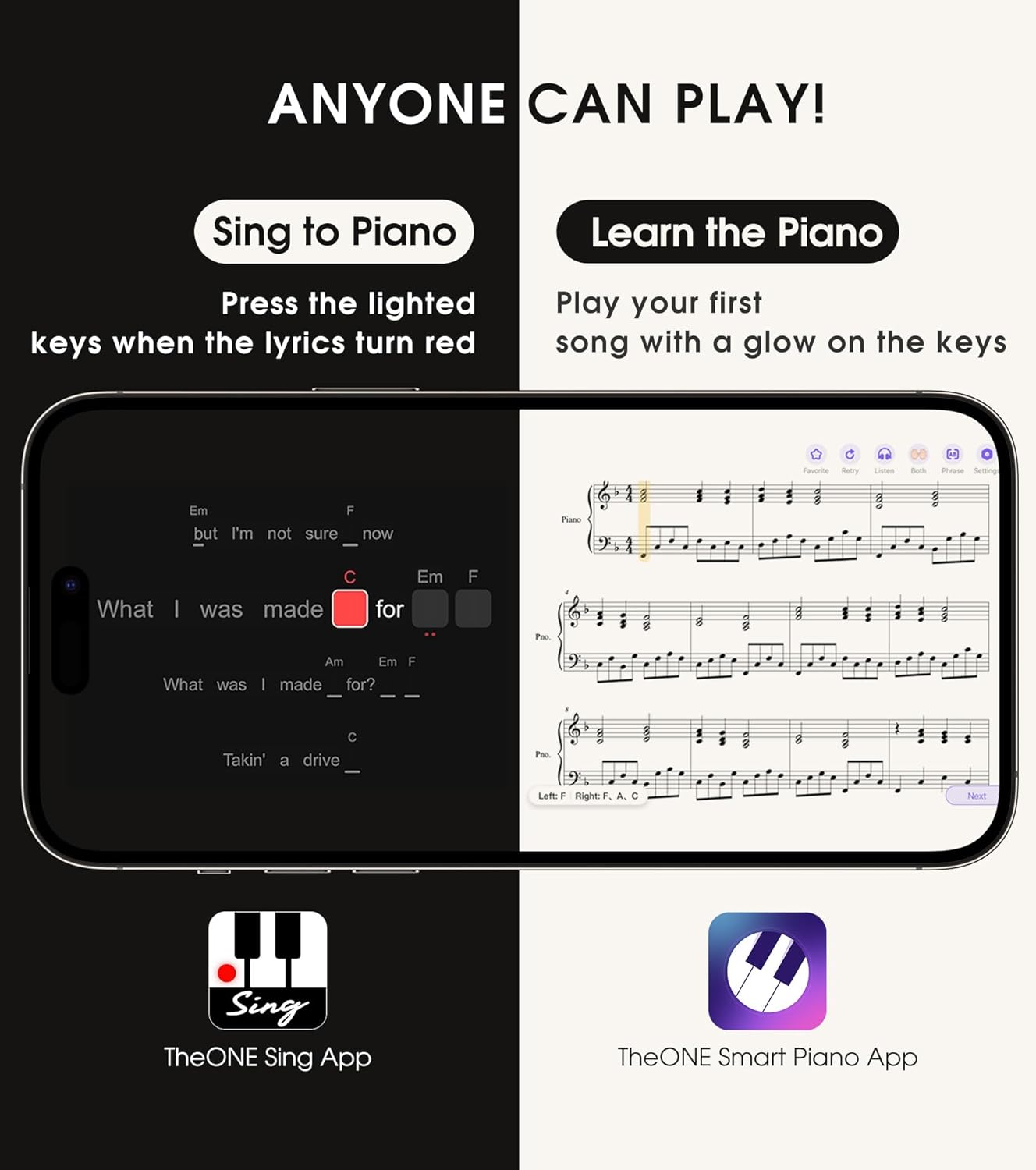 The ONE Keyboard Piano Sing, 61 Keys Piano Keyboard For Singing & Practice with Bluetooth, Record, Sheet Music Stand and Huge Library of Songs for Sing-Along, Piano For Music Lover & Beginner (White)