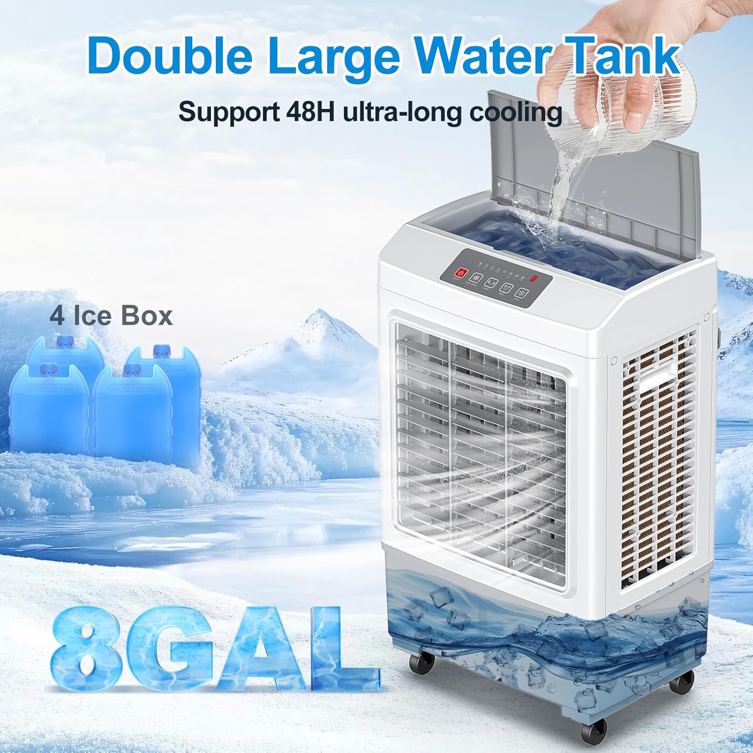 Windowless Swamp Cooler, 3 in 1 Evaporative Portable Air Conditioner with Remote, Large Cooling Fan Ac Unit,3 Speed, 7H Timer, 8 Gal Water Tank, 4 Ice Box for Garage, Patio, Bedroom Home Outdoor