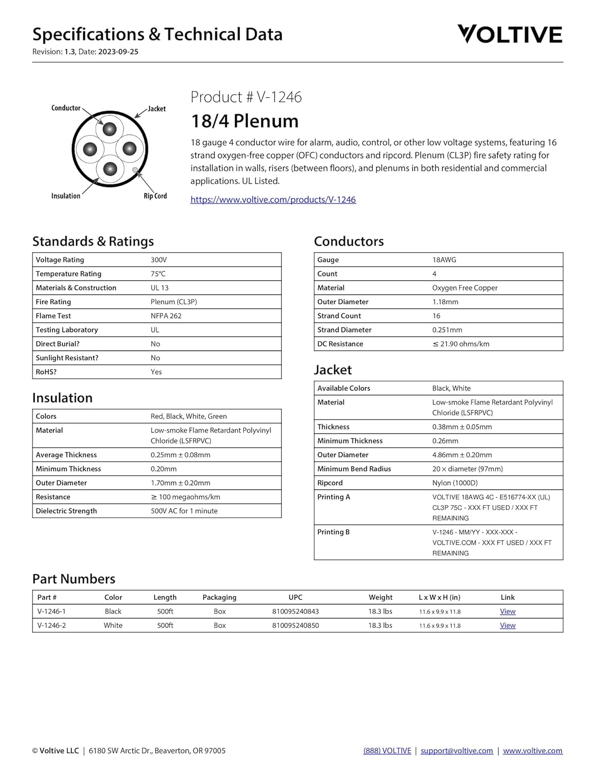 Voltive 18/4 Plenum Speaker Wire, 500ft, Black - V-1246-1 - 18AWG, 4 Conductors, Stranded Oxygen-Free Copper, CL3P Plenum Rated, UL Listed