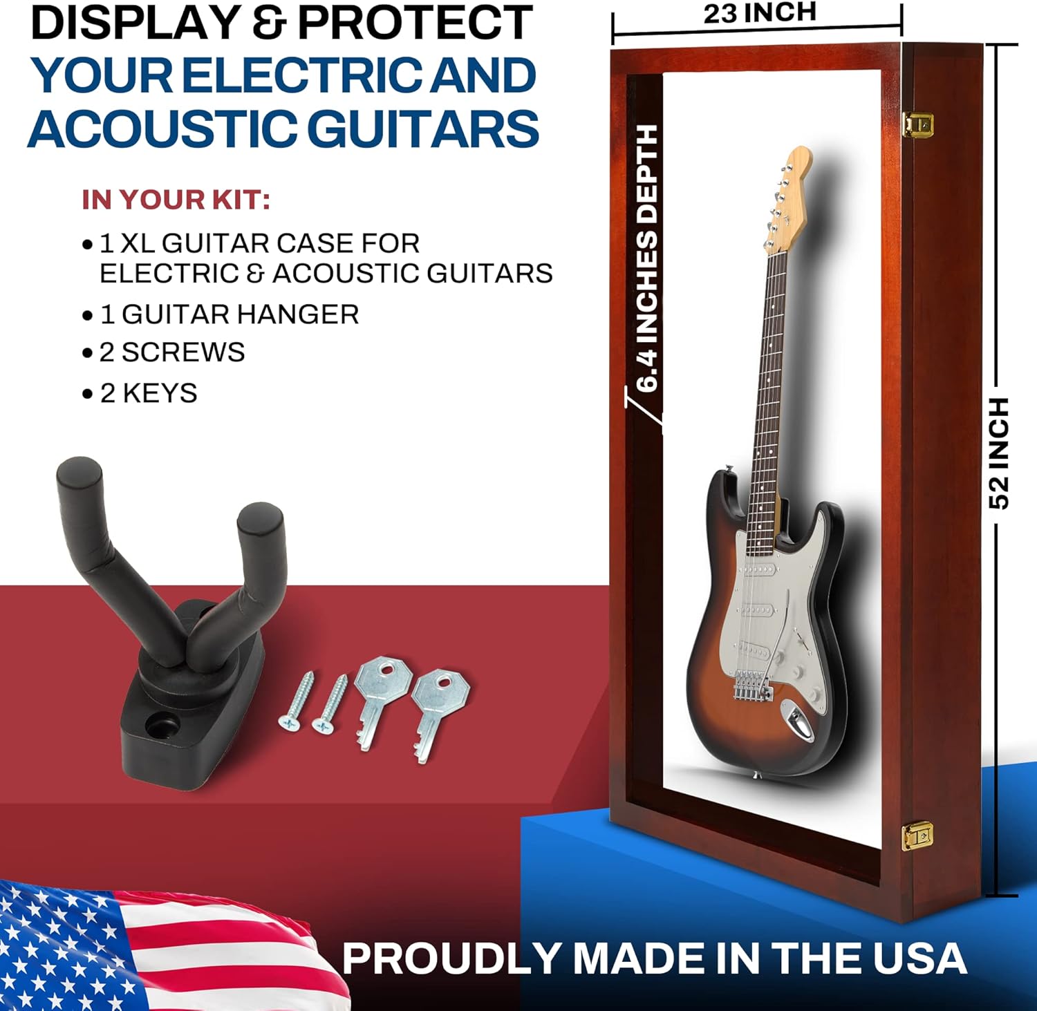 PENNZONI Extra Large Acoustic Guitar Display Case - Wall Mount Display Case for Acoustic/Electric Guitars - Ultra Clear Acoustic Guitar Solid Wood Frame Display Case | Cherry, White Felt