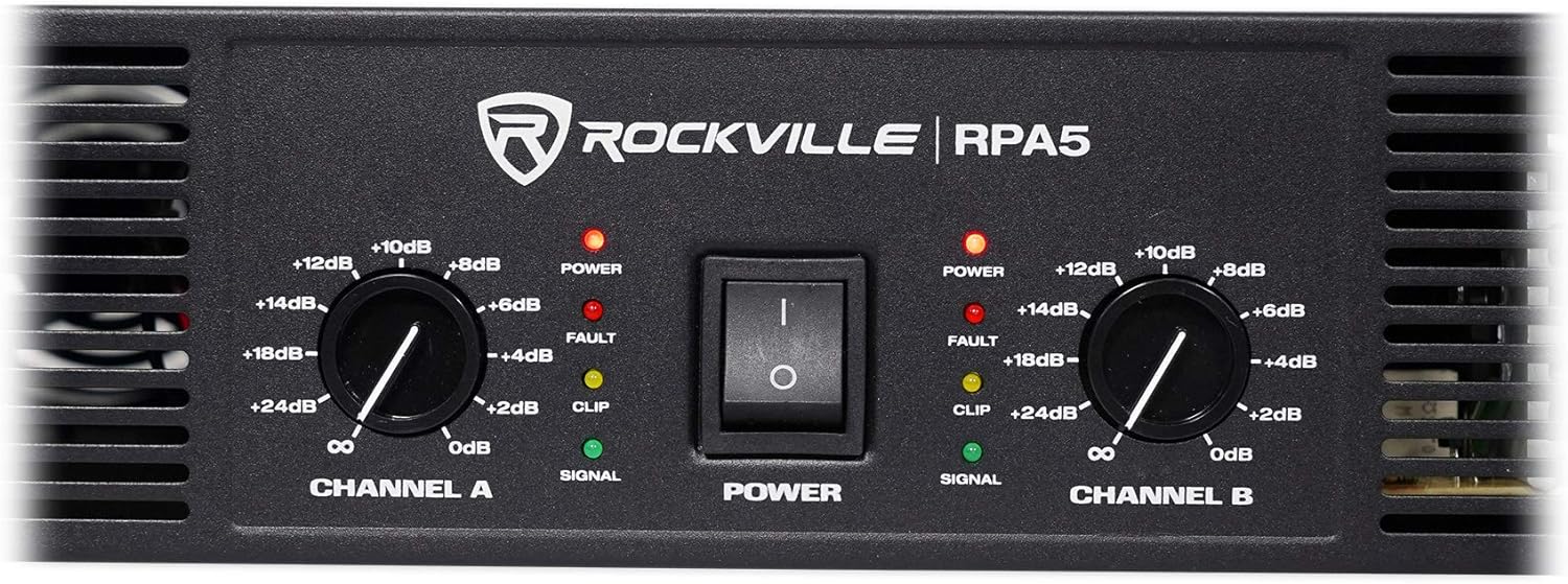 Rockville RPA5 2-Channel Power Amplifier, 200W RMS @ 4 Ohm, 1000W Peak, Stereo/Mono Switch, Built-in Crossover, for DJs, Live Sound, and Pro Audio