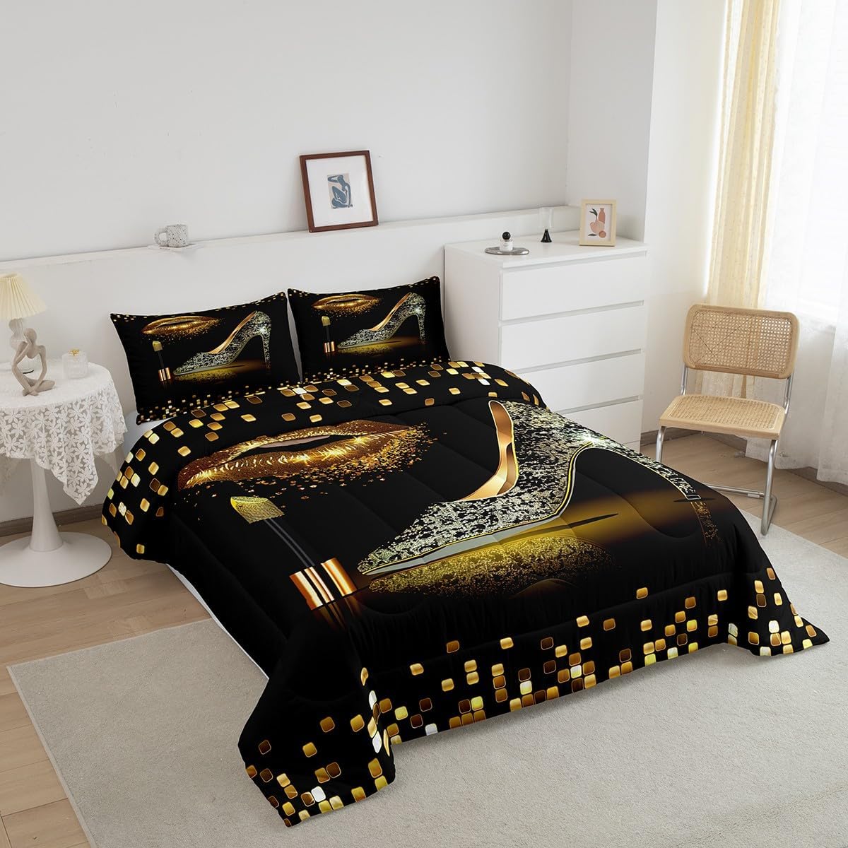 Manfei Gold Glitter Lips Comforter Set King Size, Black Golden High-Heeled Shoes Bedding Set 3pcs for Boys Girls Room Decor, Geometric Grid Quilt Set Fashion Duvet Set with 2 Pillowcases