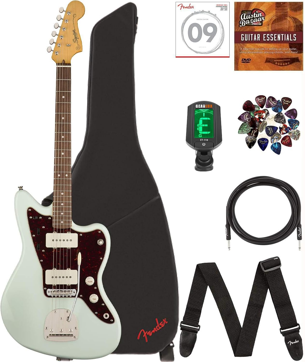 Fender Squier Classic Vibe '60s Jazzmaster - Sonic Blue Bundle with Gig Bag, Instrument Cable, Tuner, Strap, Strings, Picks, and Austin Bazaar Instructional DVD