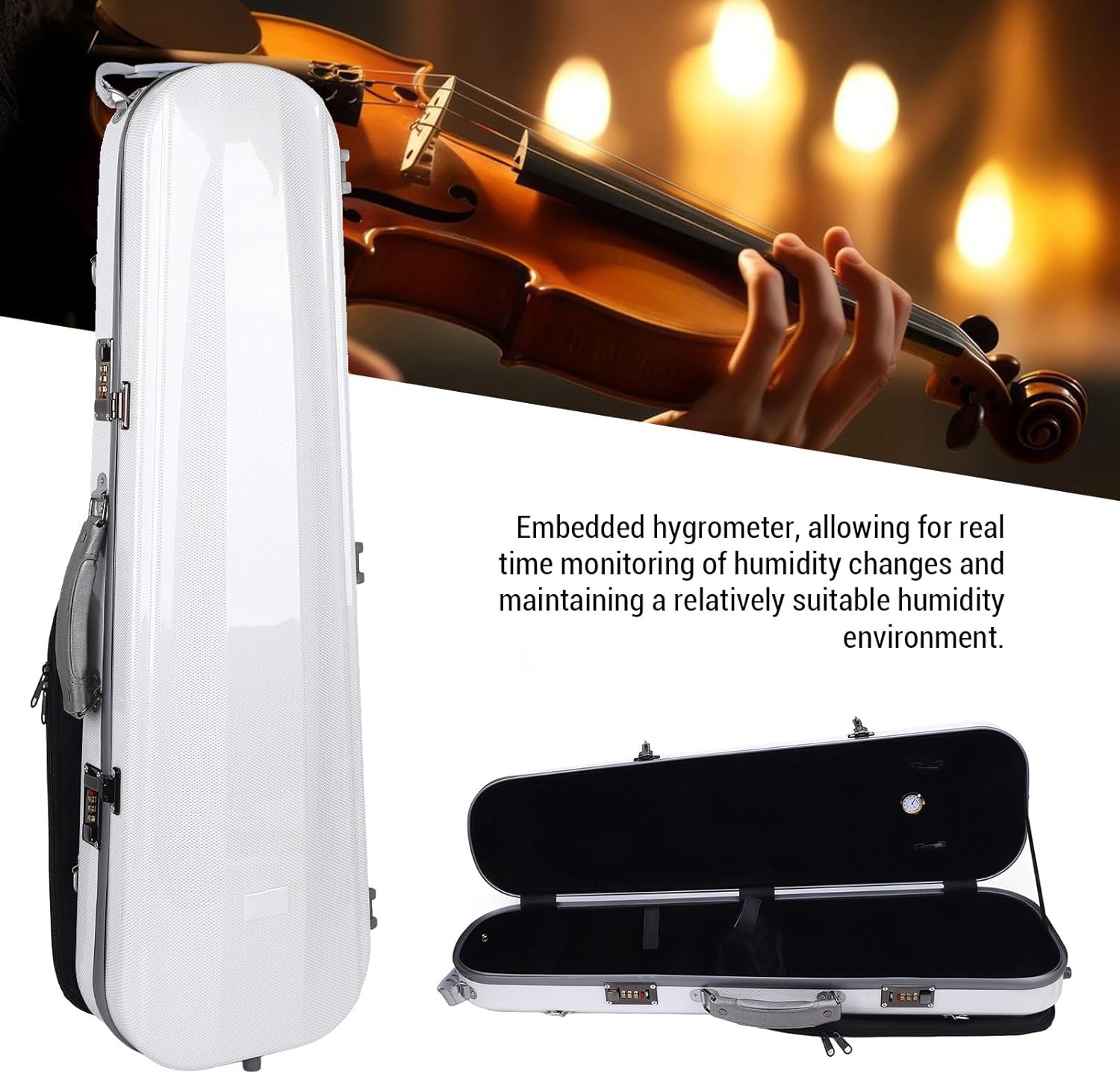 White 4/4 Carbon Fiber Violin Case Secure Locks Hygrometer 2 Shoulder Straps for 4/4, 3/4, 1/2, 1/8 Violins