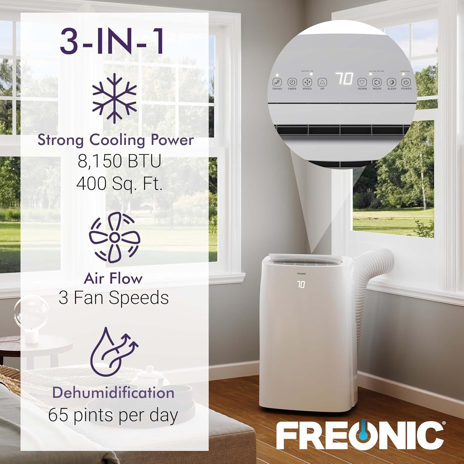 FHCP081AKR 8,150 BTU Portable Air Conditioner, AC for Rooms Sq.Ft, LED Display, 24H Timer, Auto-Restart, Sleep Mode, Dehumidifier, White, Up to 400 Sq. Ft