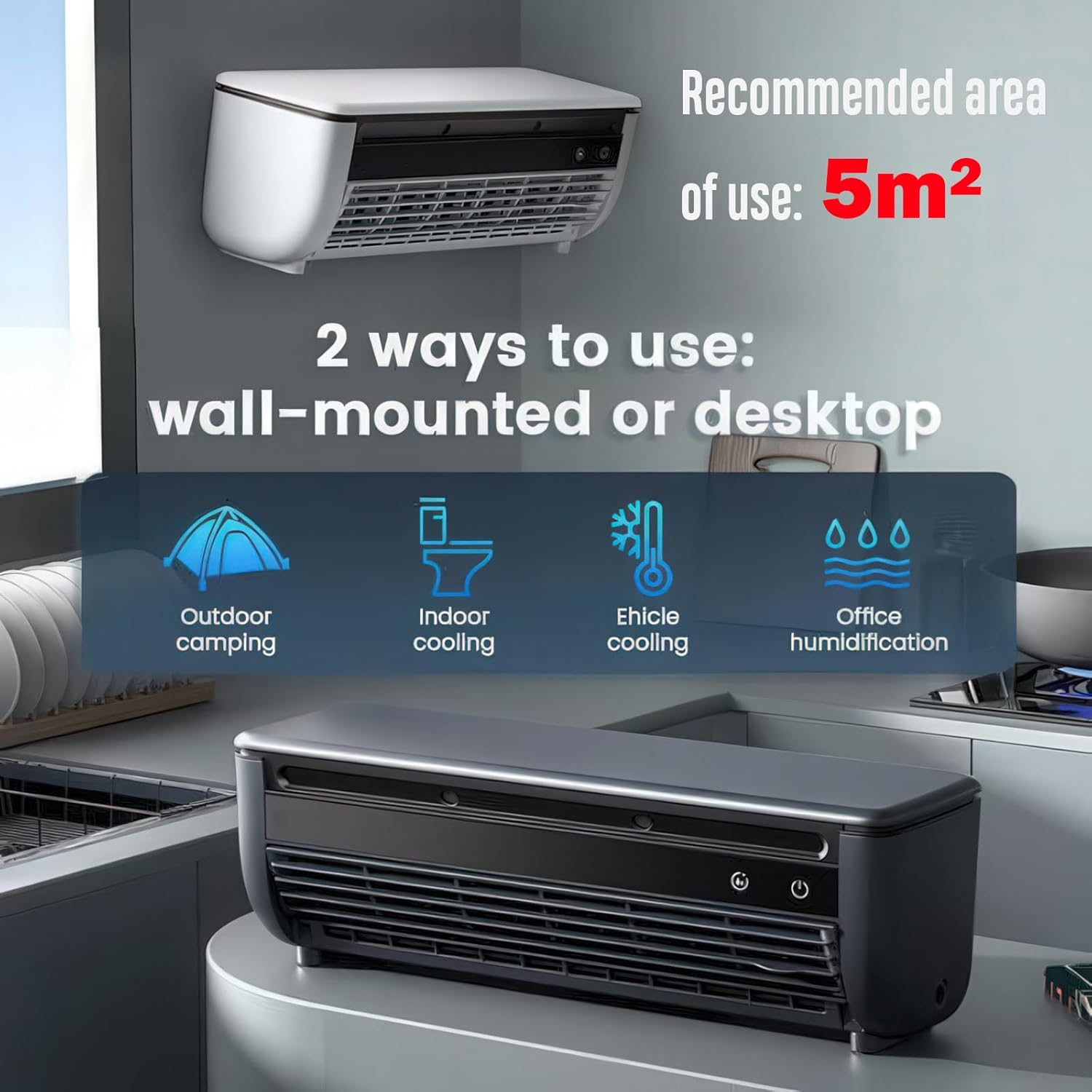 No‑Drill Wall AC Unit Fan, Portable Wireless Air Conditioner Fan, Rechargeable Charging Air Conditioner Fan with 6000mAh Battery, 10s Instant Cooling & 3‑Speed for camping, Kitchen (Black)