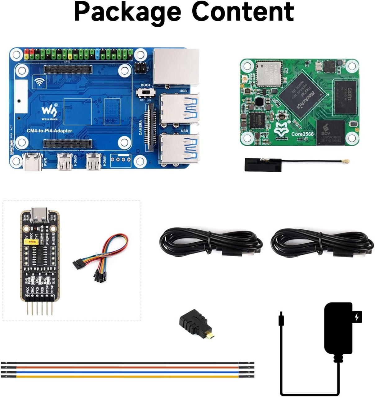 Waveshare Core3566 Module Kit, Rockchip RK3566 Quad-Core Processor, Compatible with Raspberry Pi CM4, Include Core3566102032, CM4-to-Pi4-Adapter and Other Accessories