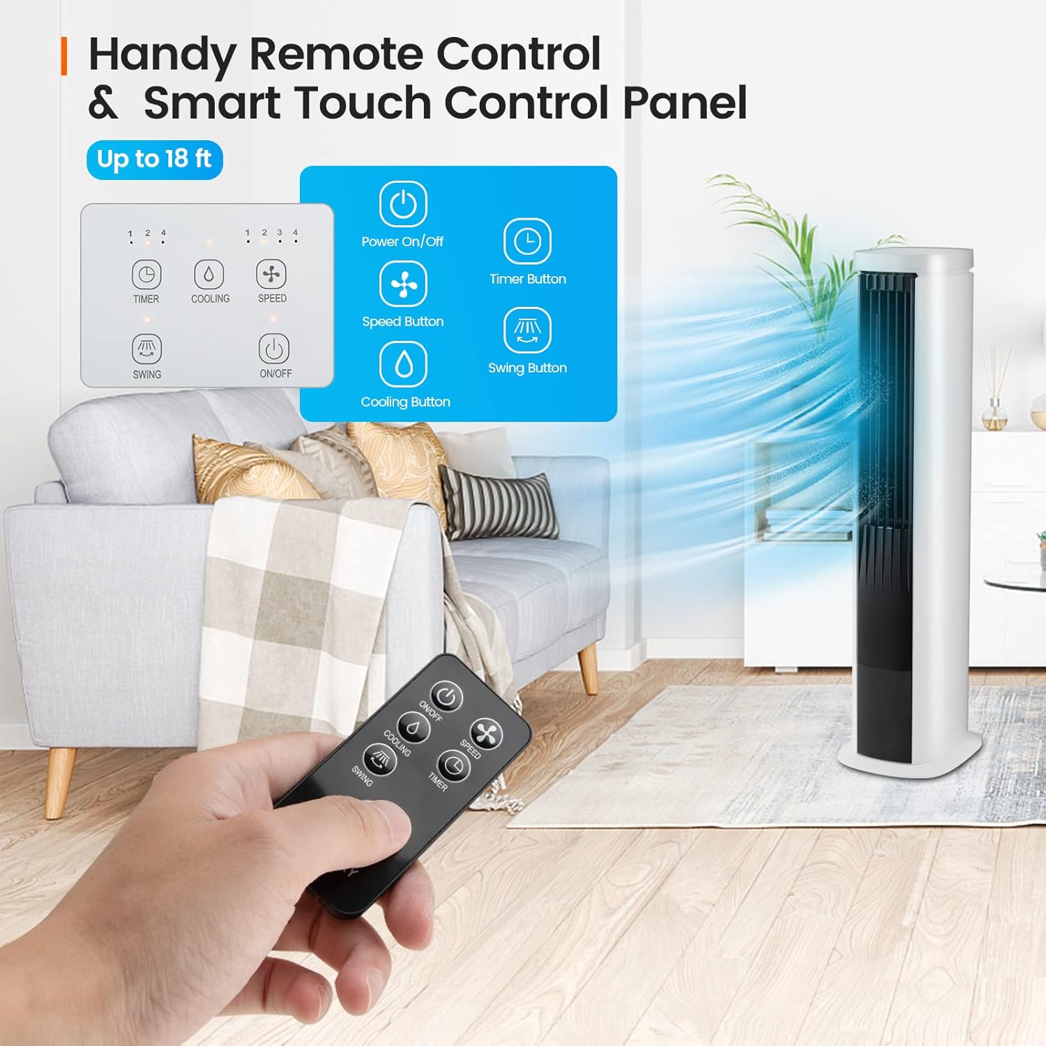 COSTWAY Portable Evaporative Air Cooler for Room, 40-Inch Bladeless Cooling Tower Cooler with Remote Control, 4 Ice Packs, 4 Speeds, 7H Timer, 60° Oscillation, Quiet Swamp Cooler Fan for Home Office