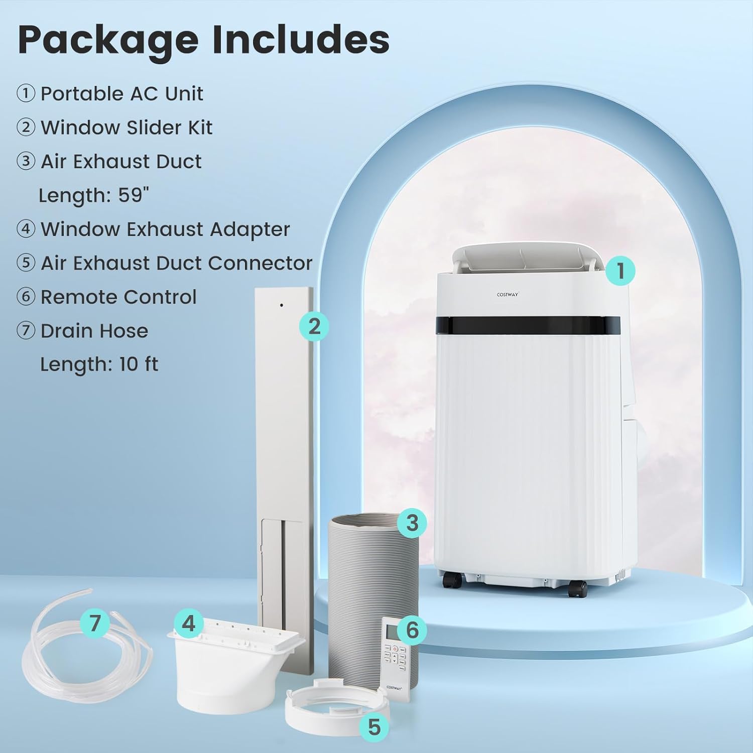COSTWAY 12000 BTU Portable Air Conditioner, 3 in 1 AC Unit w/Fan & Dehumidifier, Sleep Mode, 24H Timer, LED Display, Remote Control & Window Kit, Cools Room up to 550 Sq.Ft