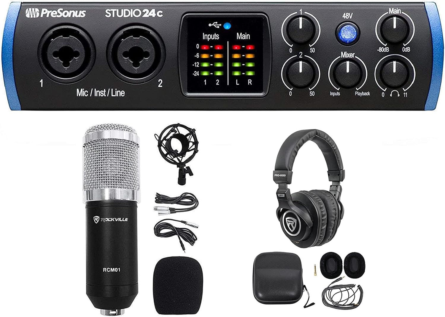 Presonus STUDIO 24C 2x2 USB-C Audio MIDI Recording Interface+Mic and Headphones