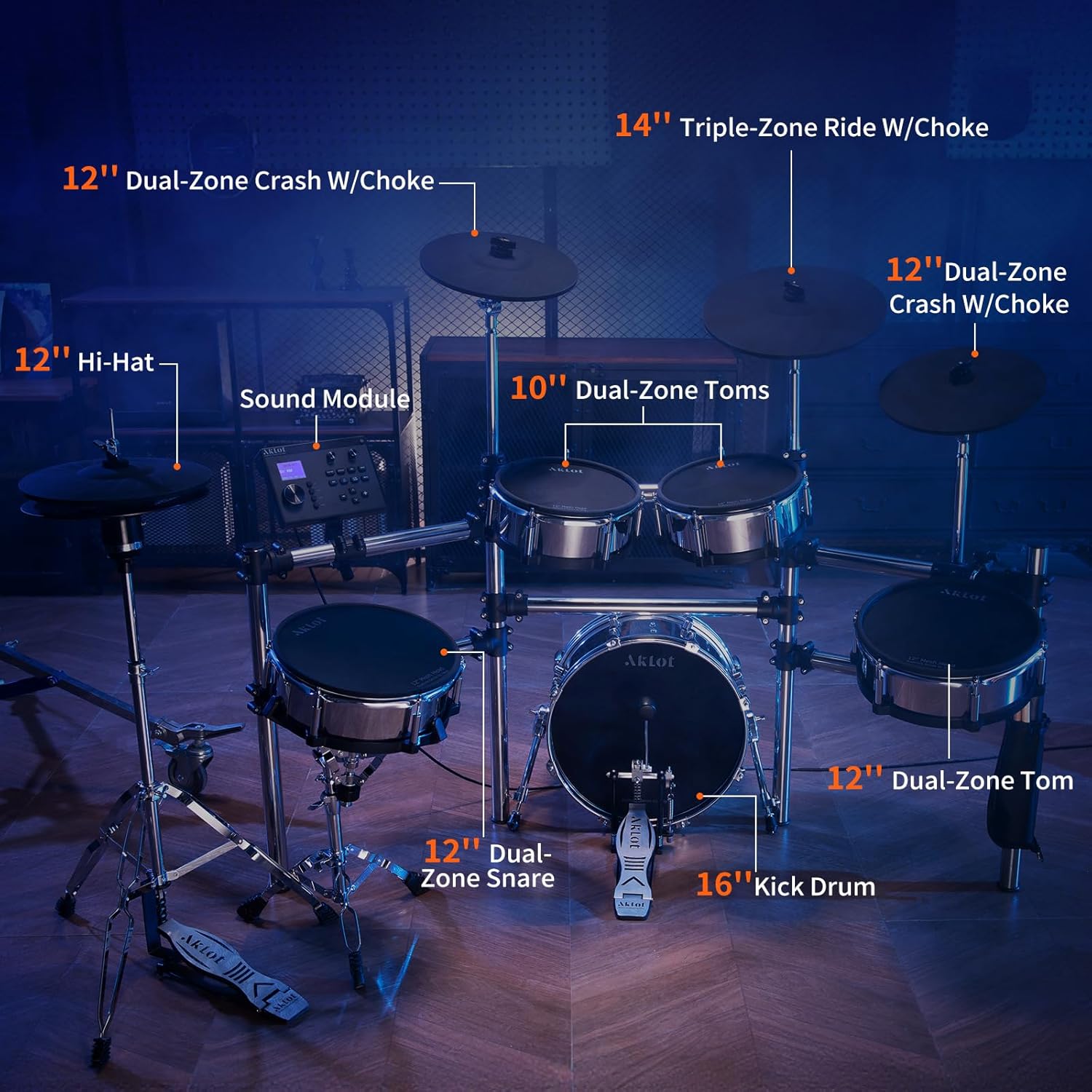 AKLOT Acoustic-Style Electric Drum Set: Independent 16’’ Wooden Bass Drum and 12’’ Snare, Triple-Zone Ride Cymbal, Standalone Hi-Hat, Full Mesh Pads, 460 Sounds, USB MIDI, Throne, Sticks (B-CORE543)
