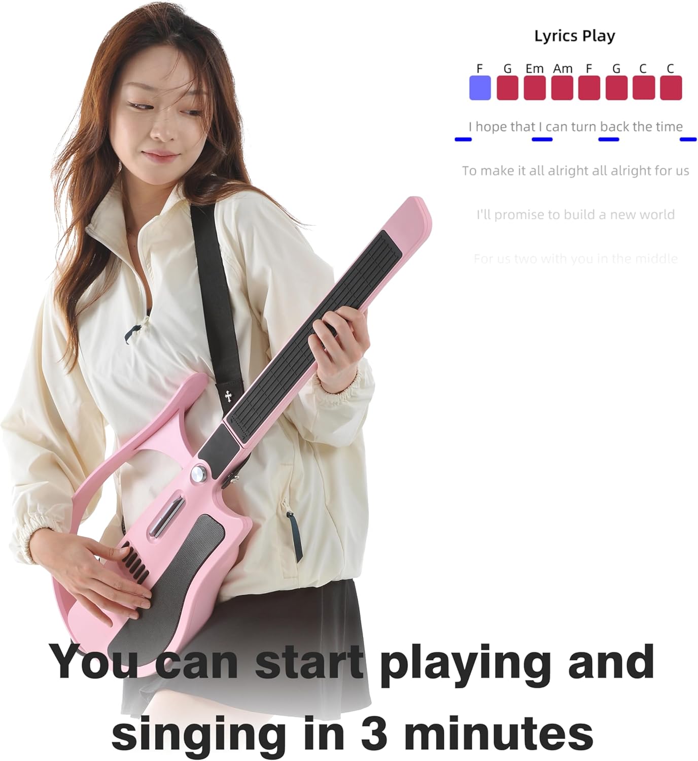 Smart Guitar, Stringless Guitar with App Control, Foldable Electric Guitar, Built-in Drum Machine & Speakers, Headphone Jack for Silent Practice, for Beginners (Pink)