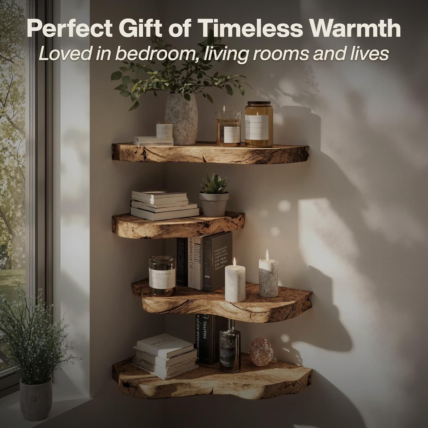 Farmhouse Live Edge Corner Floating Shelves - Handcrafted Rustic Solid Wood, Heavy-Duty Hidden Brackets, Wall Mounted Decor for Bedroom, Living Room - (11.7''L x 11.7''R x 1.4''H, Walnut)