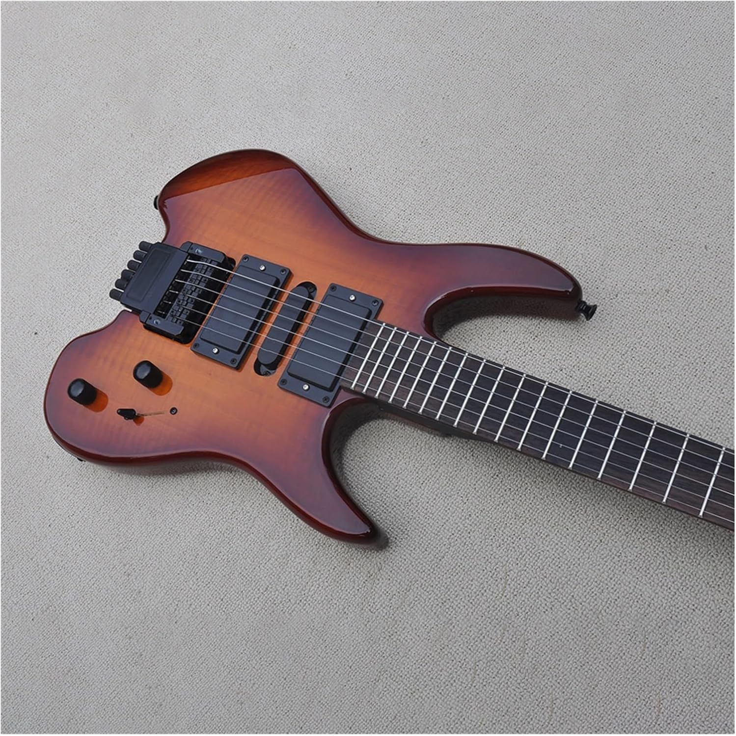 39 Inches Brown Headless Electric Guitar with Flame Maple Veneer Rosewood Fretboard Professional Headless Guitar