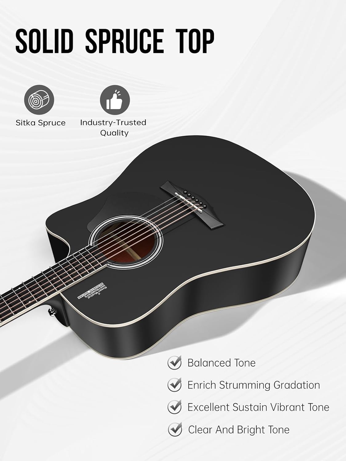 Rosen Solid Top Dreadnought Acoustic Guitar 41 Inches Spruce Guitar Beginner Bundle with Book, Padded Bag, Strings, Picks, Hexwrench, Strap, Polishing Cloth, Black