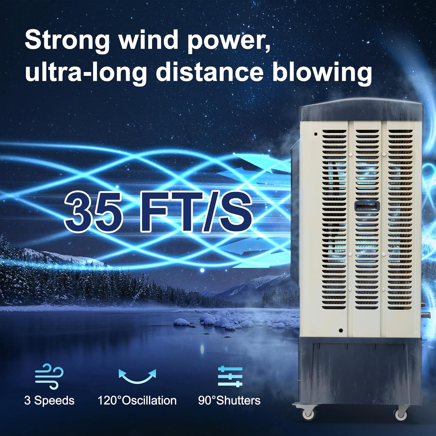 Swamp Cooler,6500 CFM Evaporative Air Cooler,19 Gal Water Tank Outdoor Air Conditioner,3 Speed,Suitable for Indoor & Outdoor Garage,Patio,courtyard,factory workshop,50inch,Blue