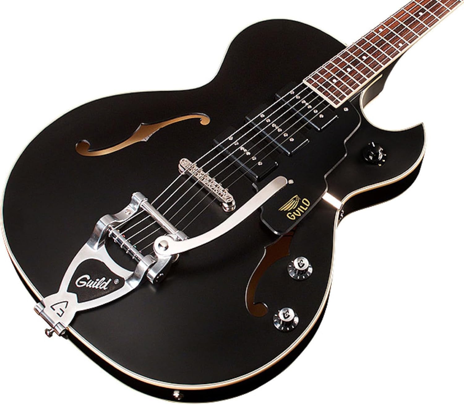 Guild Guitars Starfire I Jet 90 Semi-Hollow Body Electric Guitar, Satin Black, Florentine-Cut, Newark St. Collection