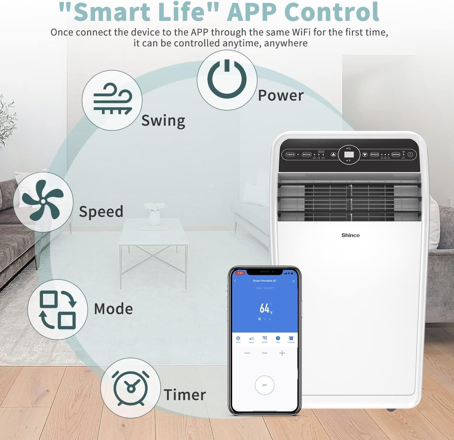 Shinco 12,000 BTU Portable Air Conditioner with WiFi, Portable AC Unit with Built-in Cool, 3-in-1 Cooling Fan & Dehumidifier for Rooms up to 400 Sq.Ft, Remote, 24H Timer, Installation Kits