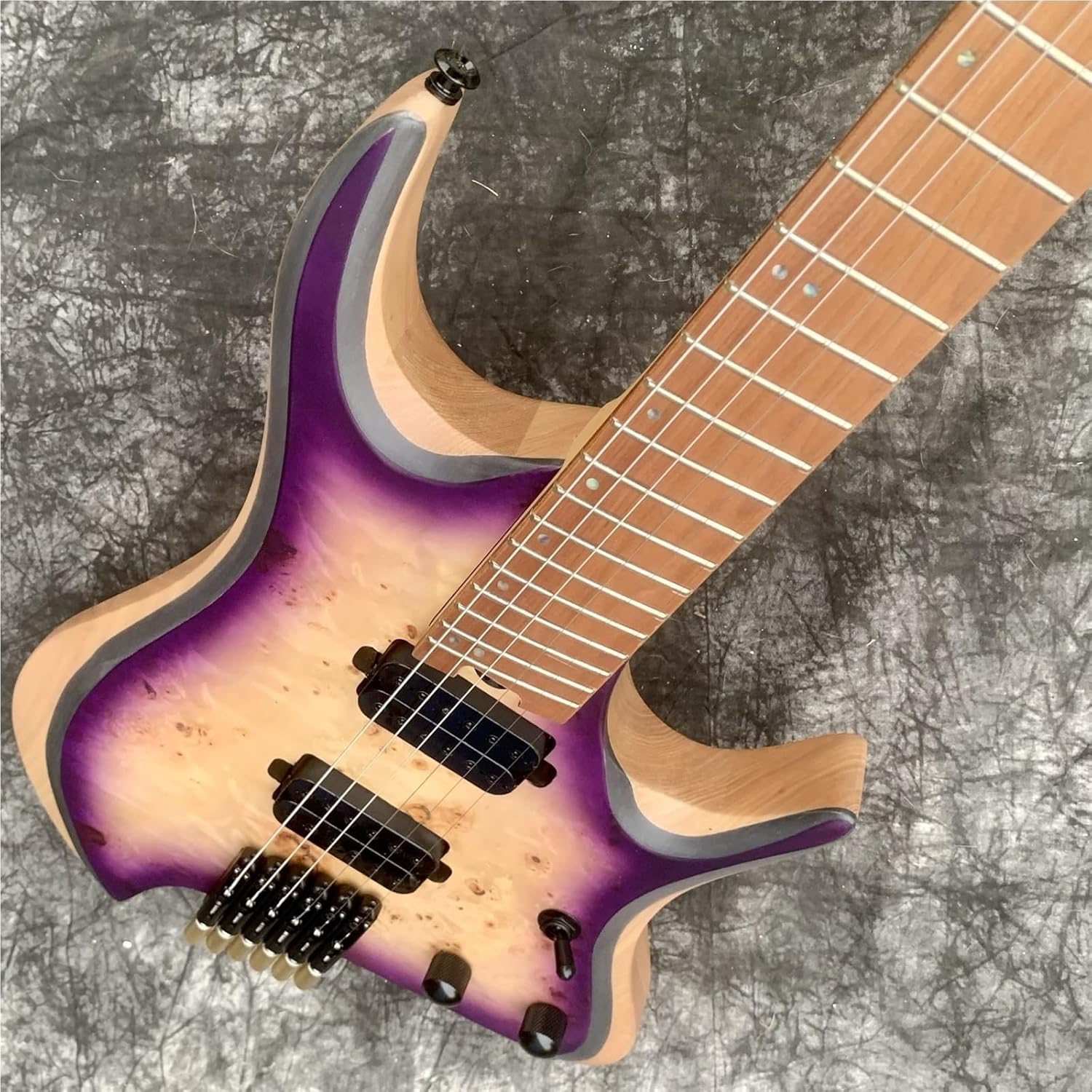 Beginner Electric Guitar Kits Purple Headless Guitar Fan Shaped Frets Solid Wood