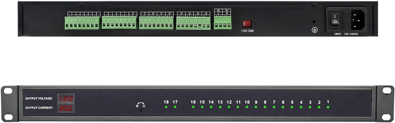 1U 12V 20A 18-Channel Rack Mount Power Supply – 12V 3-5A Distributed DC Output with Reset Fuse, 4 ft Replaceable AC Cord. Ideal for Security Cameras, DVRs, CCTV Systems, by UltraPoE