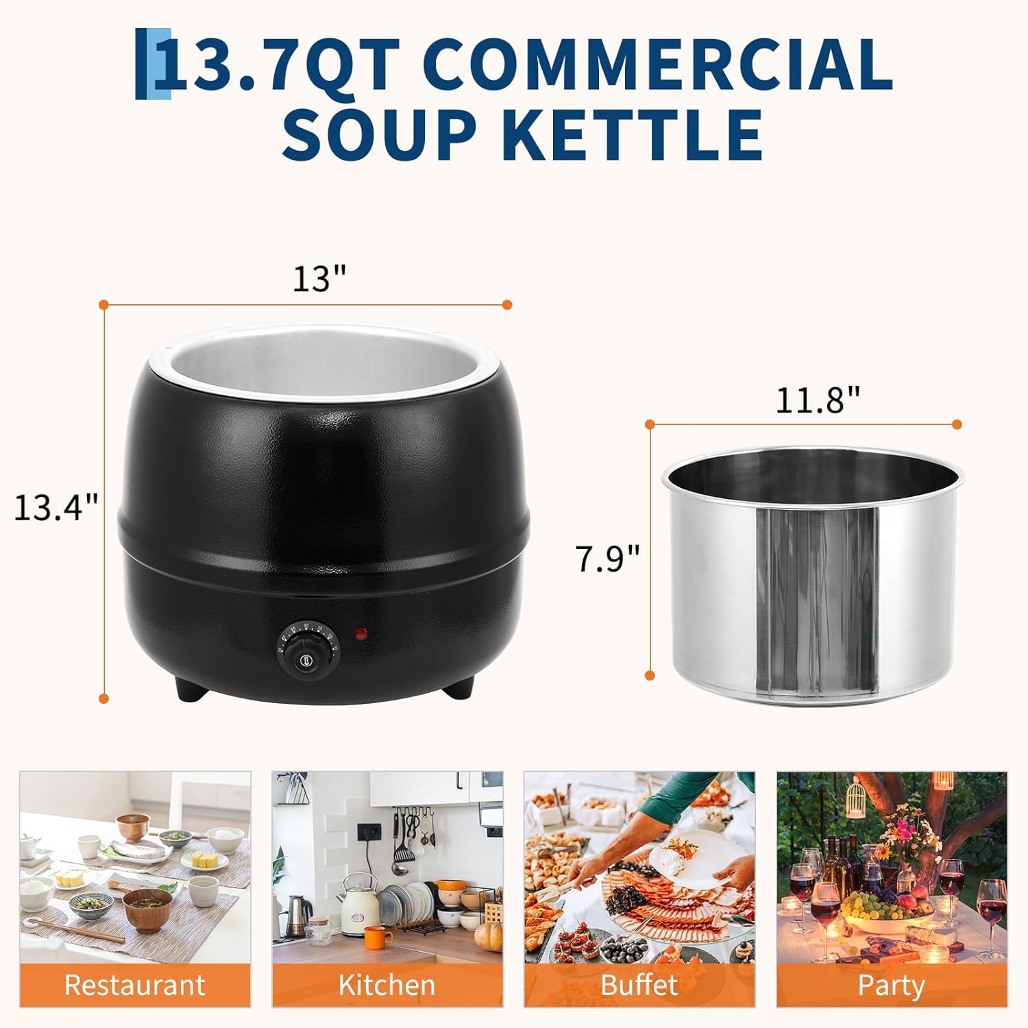 13.7QT Electric Round Drum Soup Warmer - Knob-Controlled Adjustable Temp, Hinged Lid & Detachable Insert, Commercial Black Soup Kettle for Restaurant Catering Home Buffet