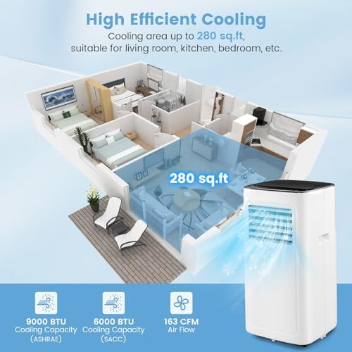 KOTEK Portable Air Conditioners, 9000 BTU Cools up to 280 Sq. Ft 4-in-1 AC Unit for Bedroom w/Sleep/Dehumidifier/Fan/Cool Mode, Window Kit/Remote Control, Room Air Conditioner Portable for Home Office
