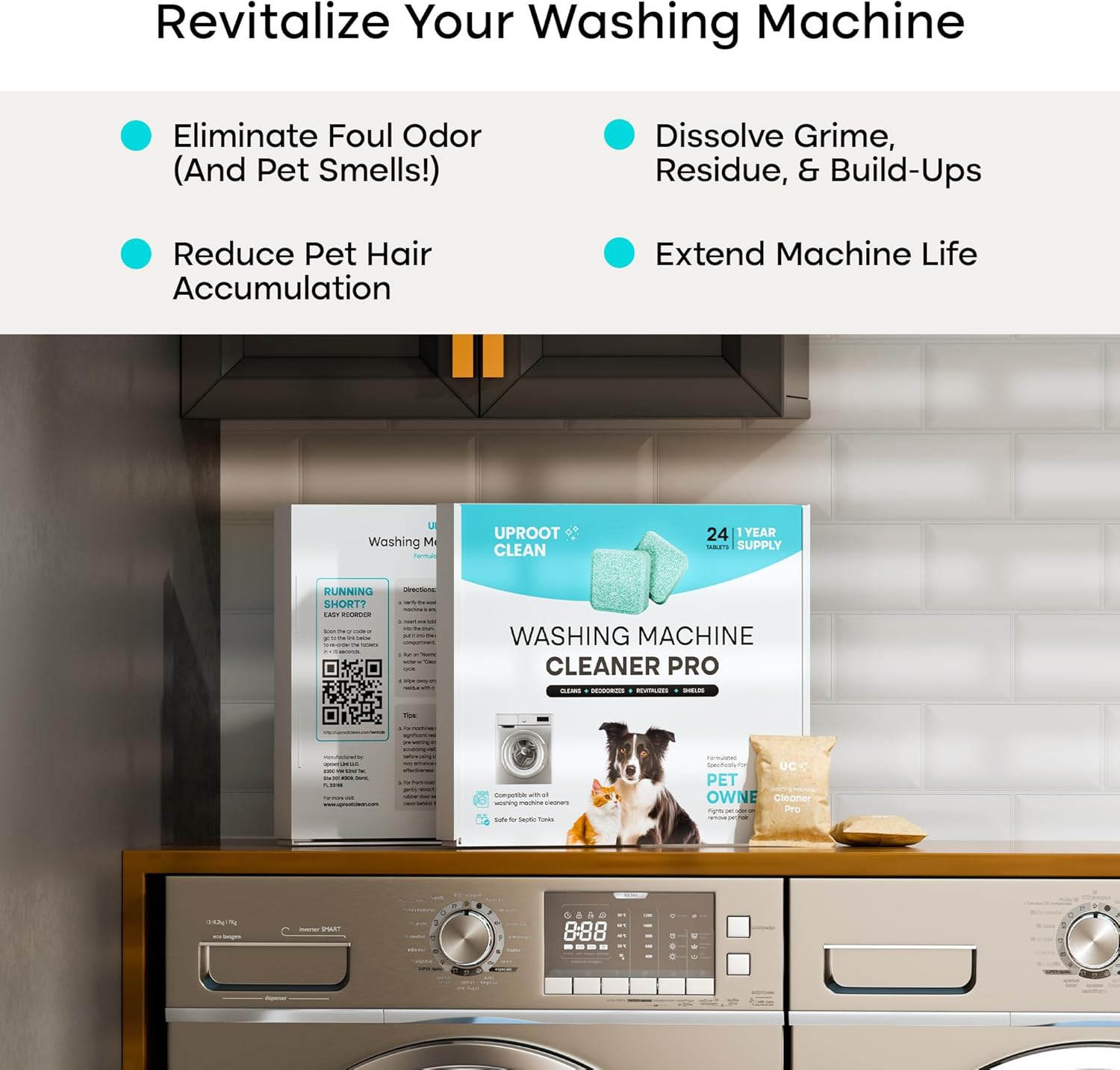 Uproot Clean Hairmageddon Survival Kit & Washing Machine Cleaner Tablets Pro: 3 Uproot Clean Pet Hair Remover Sizes & Washer Machine Cleaning Tablets for Pet Owners - Spotless House & Perfect Laundry