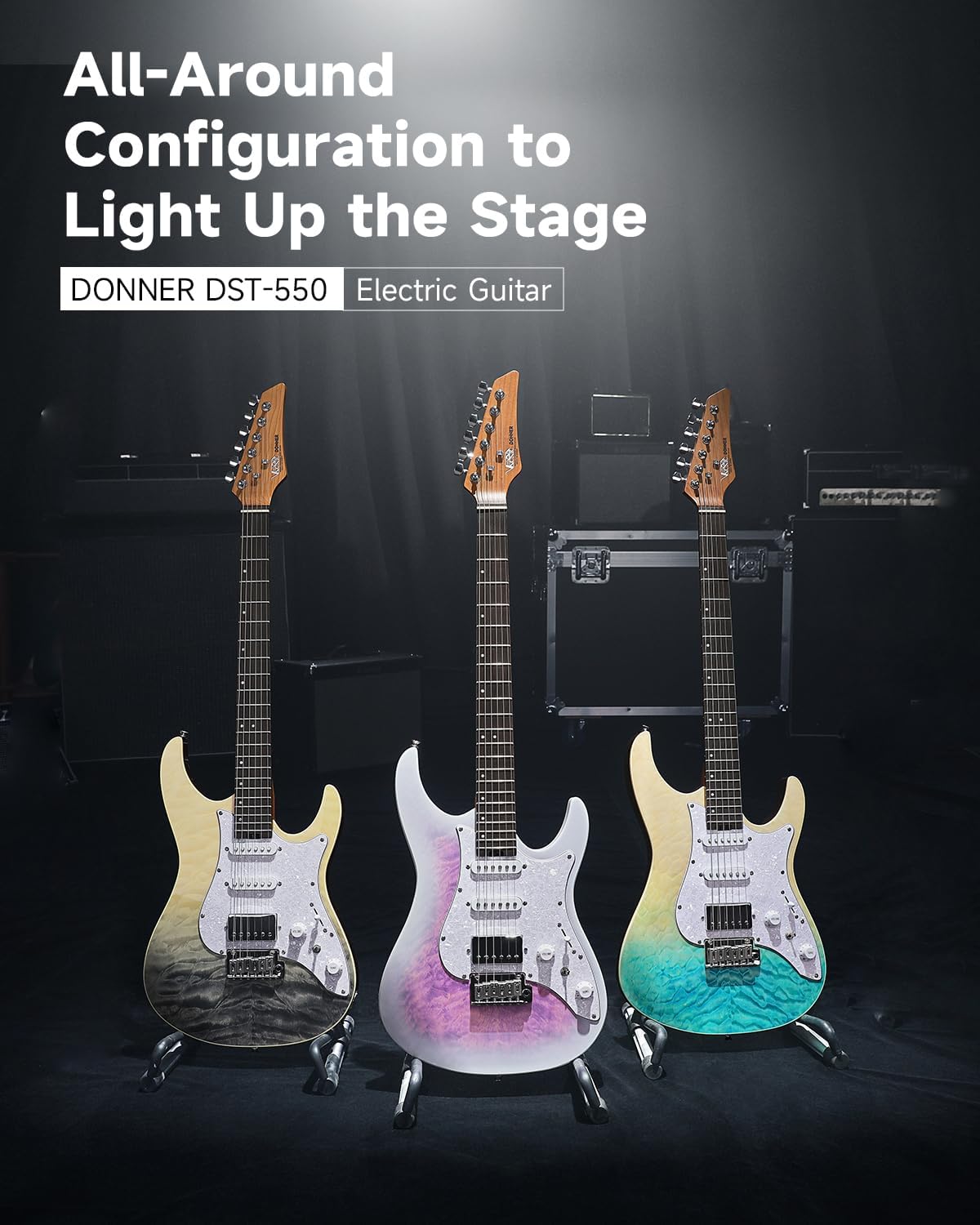 Donner 39 Inch Electric Guitar, DST-550 Color Gradient Poplar Body, Laurel Fretboard & Maple Veneer, 7 Tone Options, Tremolo Bridge, for Intermediate & Pro Players, Bonus Bag – Amethyst white burst