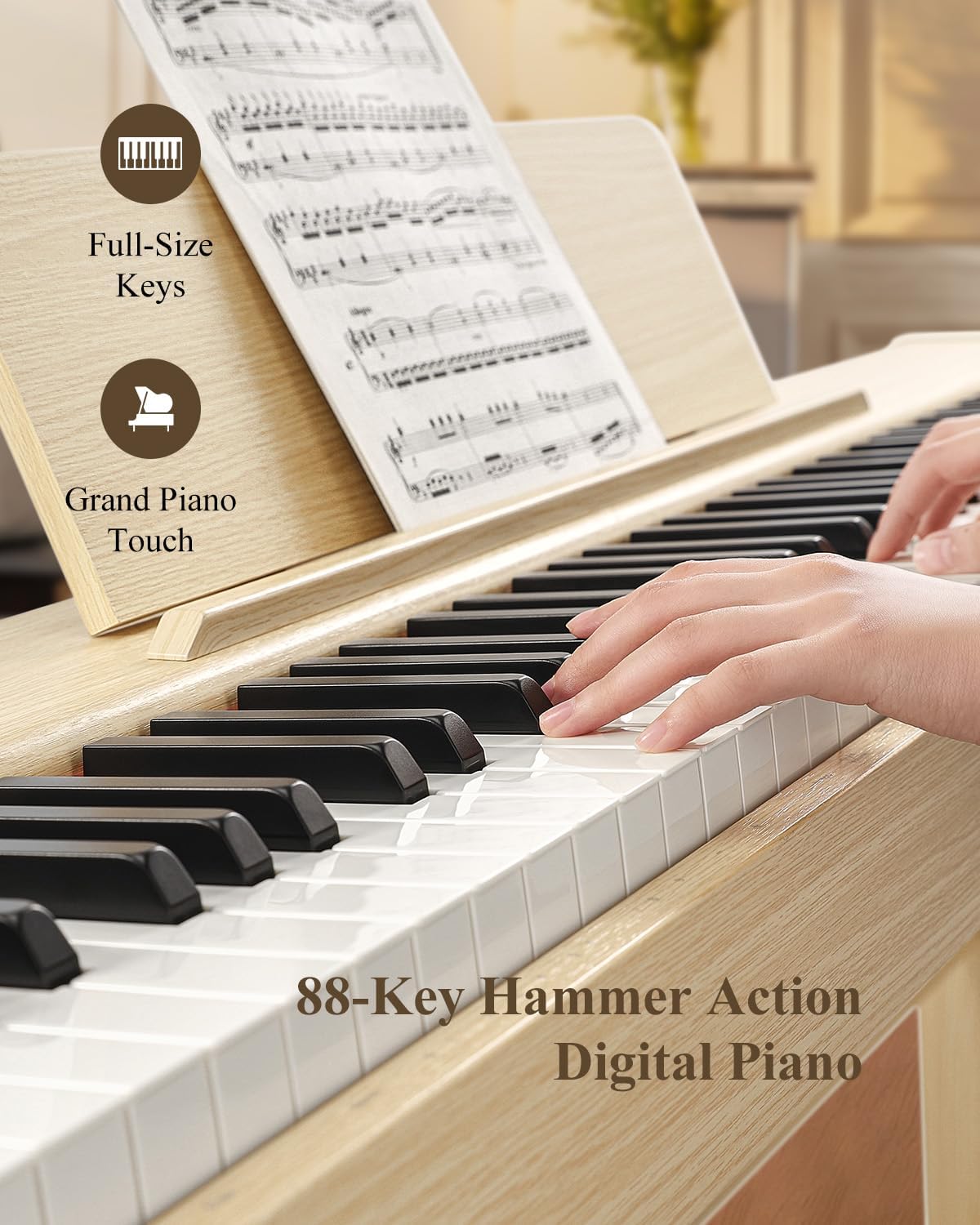 Eastar EUP-110 Digital Piano 88 Key Weighted Keyboard, Full-Size Home Electric Piano for Beginner, with Headphone, Music Stickers, Screen, 3-Pedal, Wireless Conection, Recording - Light Wood Color