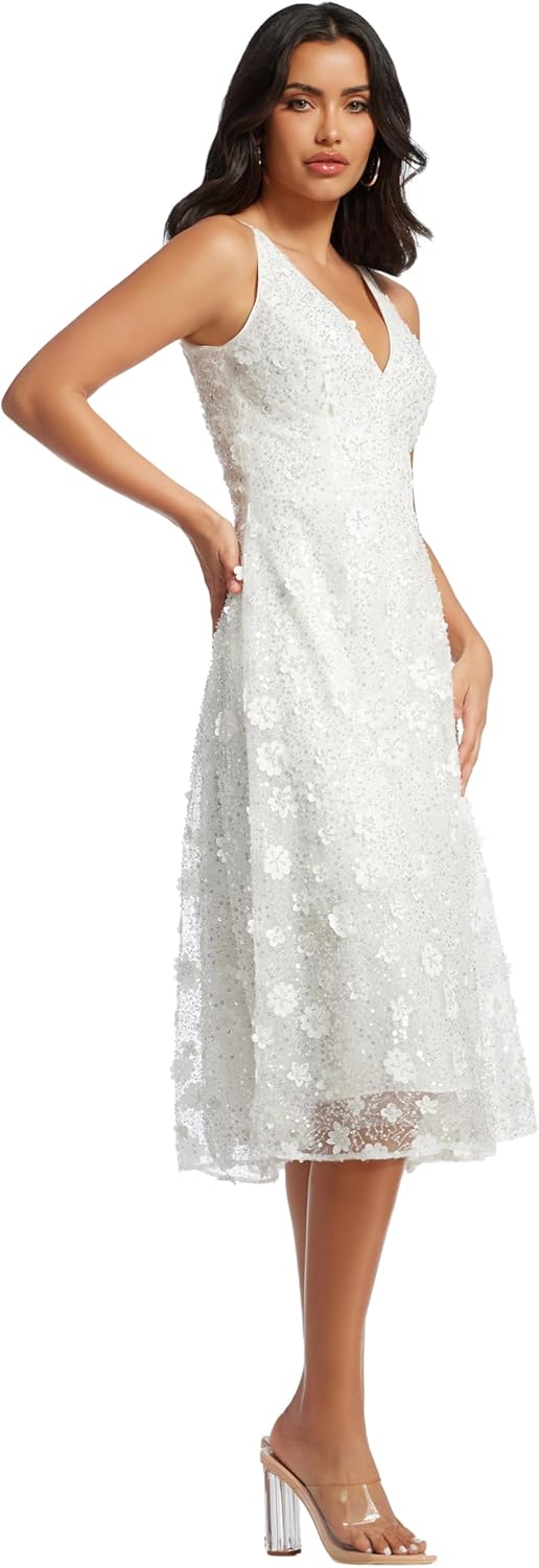 Dress the Population Womens Elisa Sleeveless Plunge Neckline Fit and Flare Midi Dress