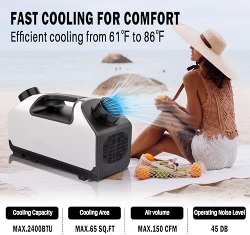 24V DC Portable Air Conditioners for Camping 2900BTU, Lightweight Tent Air Conditioner Dual Hose, Quiet Mini Portable AC Unit 4 Modes Cooling for Outdoor Fishing Truck Van RV Camper Garage Pet House