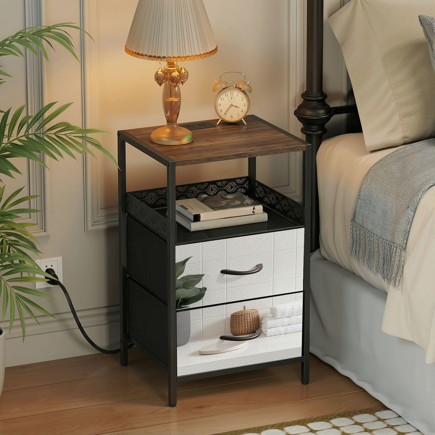 Night Stand with Charging Station Bedside Table with 2 Fabric Drawers Marble White Round for Bathing Products Bathroom spa Shampoo Bedroom Nightstand with USB Ports & Outlets Open Shelf Black
