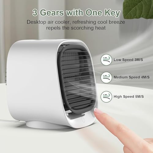 Portable Air Conditioner, Mini Air Cooler, 300 ML Water Tank, 8 Hours Of Use, with 3-Speed Cooling, Multi-angle Wind Adjustment, Built-In Night Light for Home, Office, Travel (White)