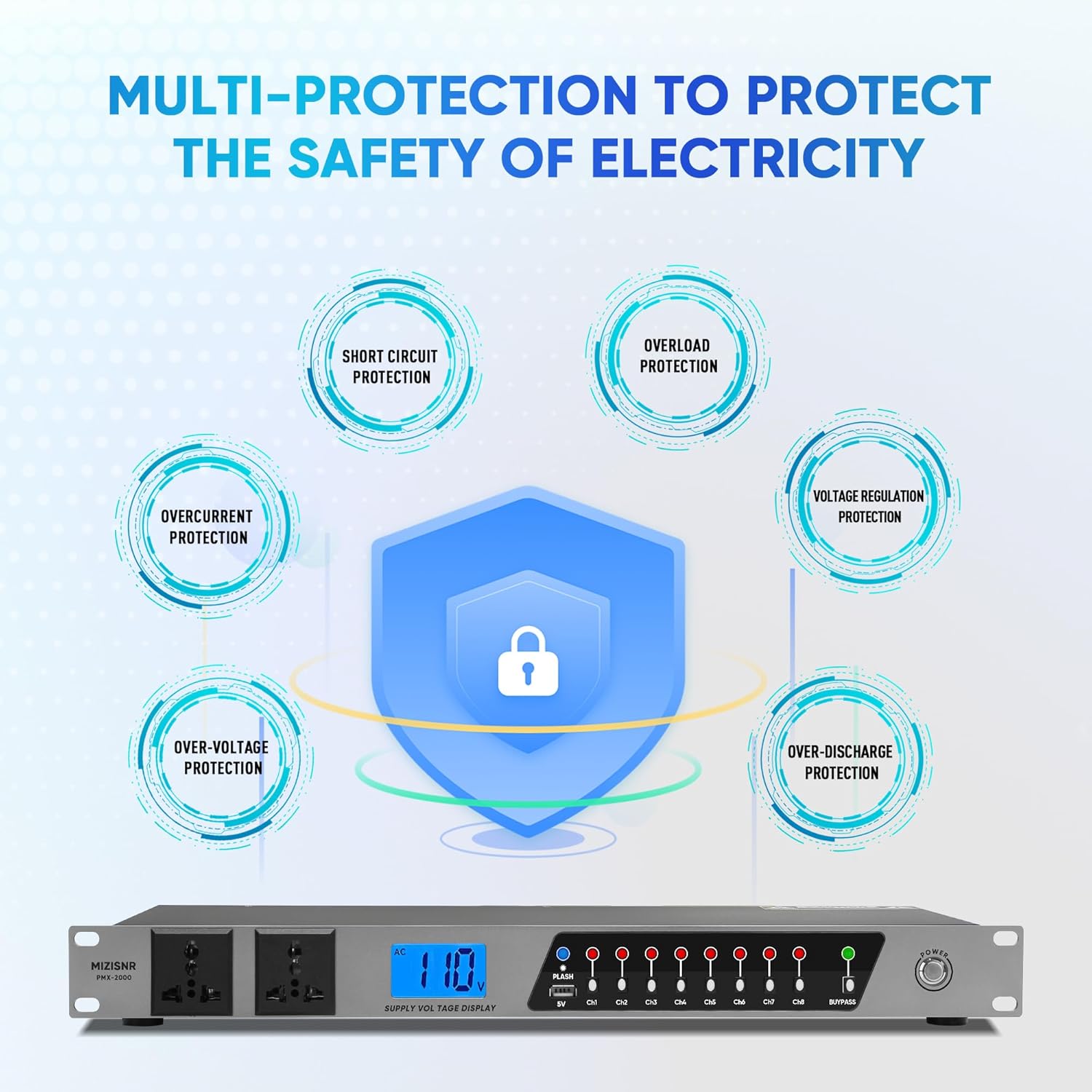 Power Conditioner, 20 Amps 10 Outlet Rack Mount Power Sequencer for Audio Equipment, 2000w Power Supply with 8 Independent Switches, 2P Surge Protector, External Switch, Voltage Display