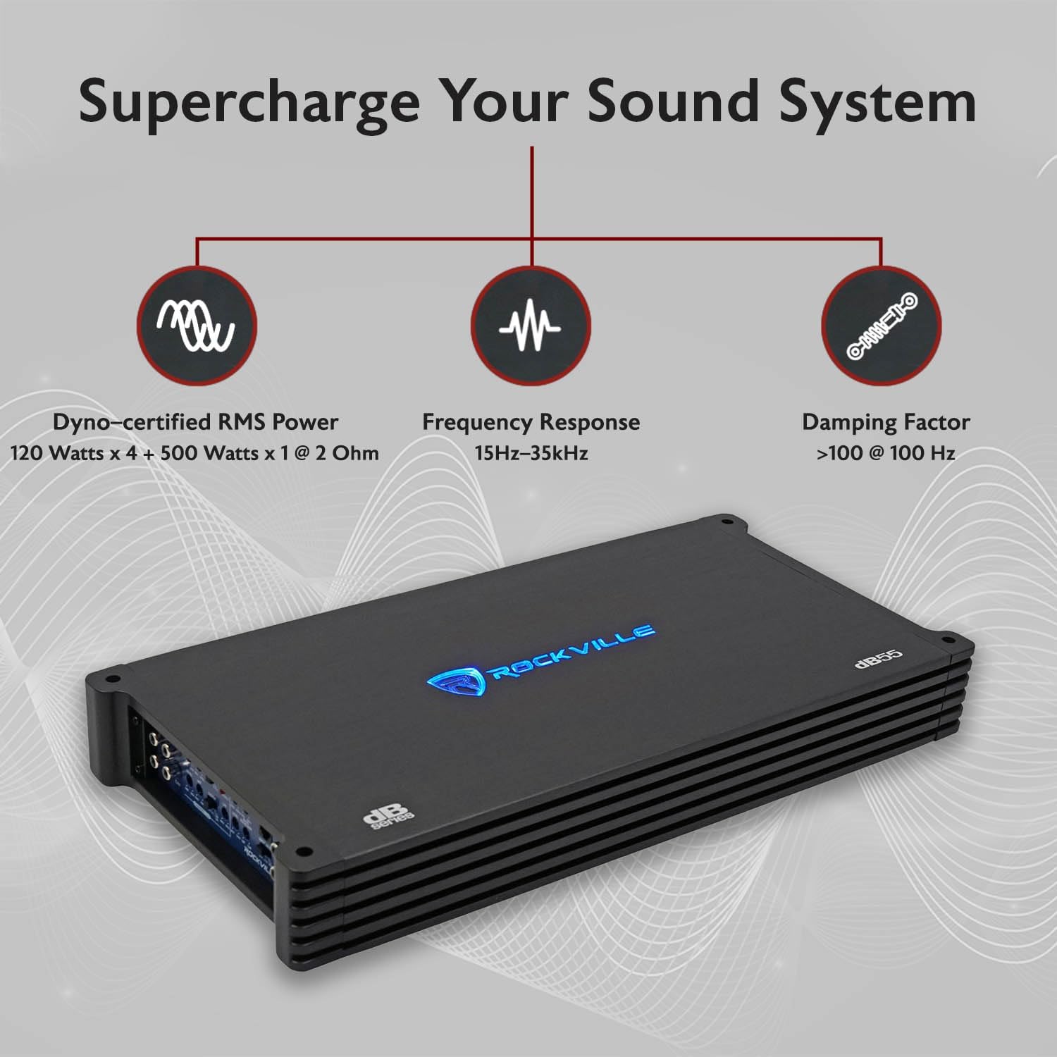 Rockville dB55 4000W 5-Channel 2-Ohm Car Amplifier, High-Speed MOSFET, Adjustable Crossover, LED, Remote Sub Control, Perfect for Car Audio and Subs
