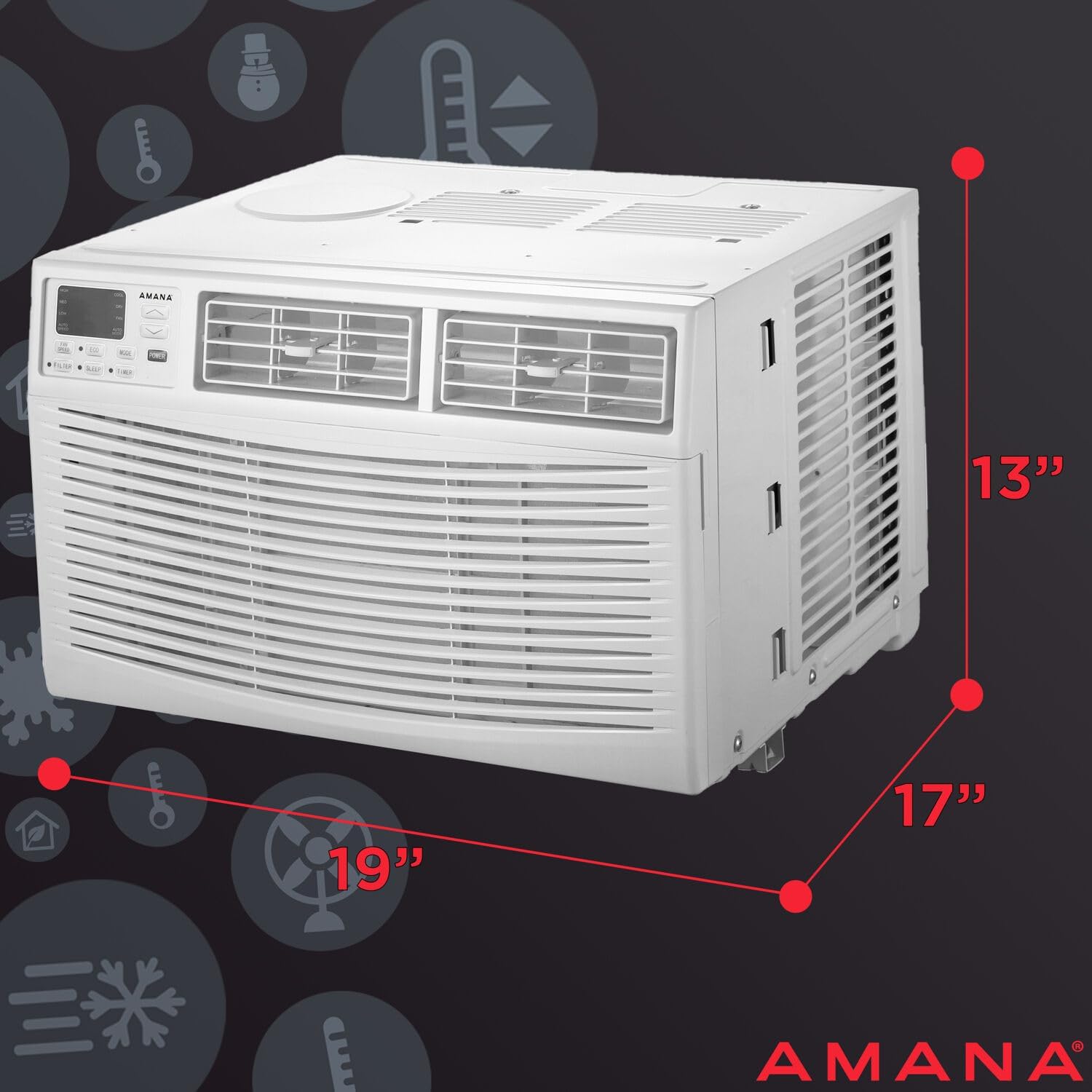 Amana 8,000 BTU Window Air Conditioner with Dehumidifier, 115V, Window AC for Rooms up to 350 Sq. Ft., Bedrooms, Bathrooms, and Nurseries with Remote Control, Digital Display, Timer, 3 Cooling Speeds