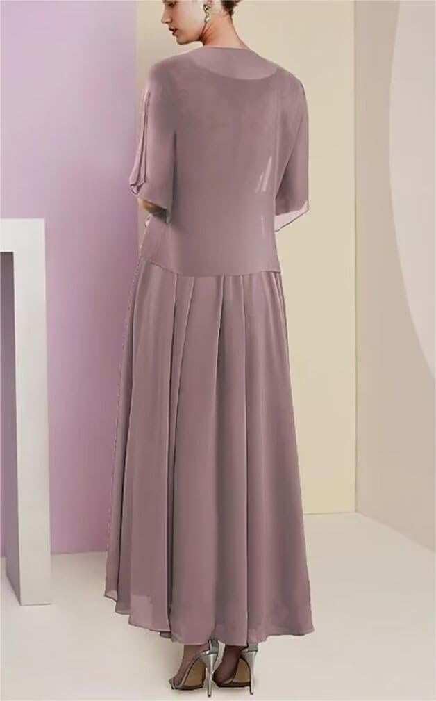 2 Piece Tea Length Mother of The Bride Dresses with Jacket A Line Formal Evening Gown with Pockets