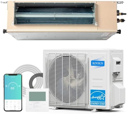 ROVSUN 9500 BTU Smart WIFI Ducted Mini Split AC/Heating System with Inverter, 24 SEER2 Concealed Duct Air Conditioner with Wired Controller, Pre-Charged Condenser, Heat Pump & Installation Kit, 230V