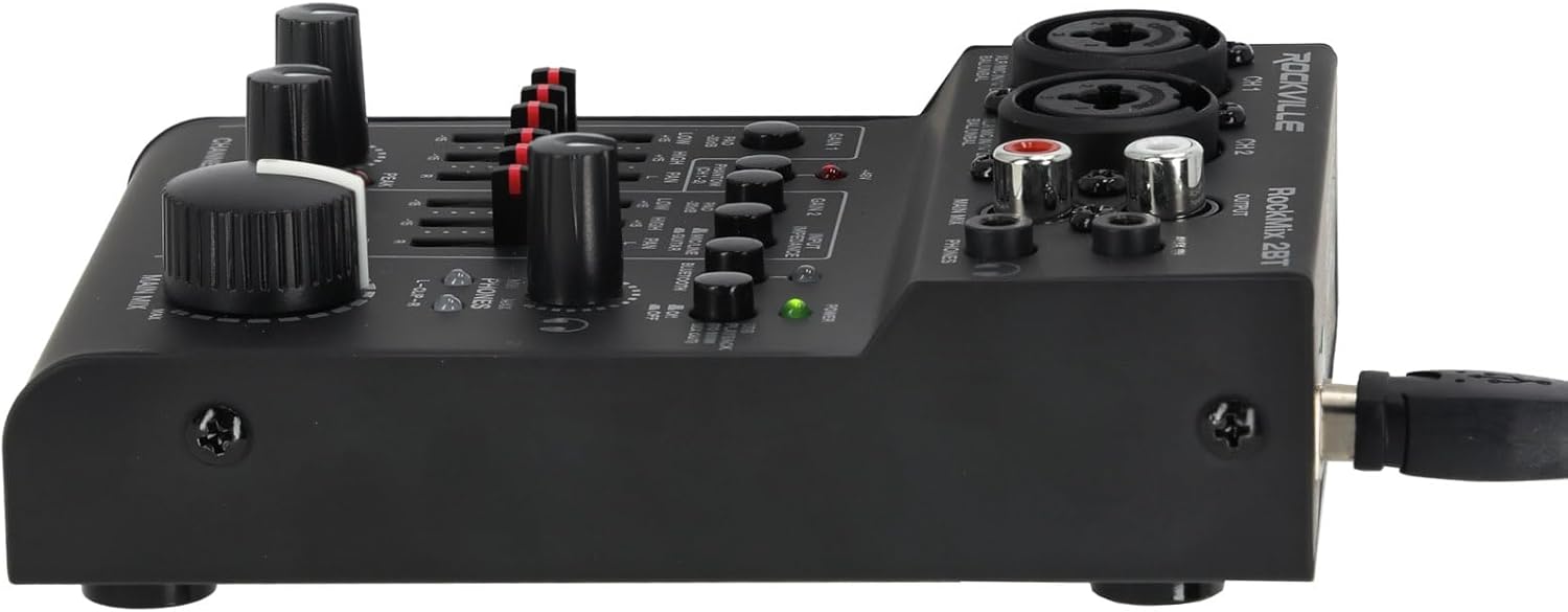 Rockville Bundle: RockMix 2BT Mixer Bundle with (2) RCM03 Mics & (2) PRO-M50 Headphones and RHPA4 Amp and TS1224 Cable & (2) R-BOOM 34 Boom Arms (9 Items)