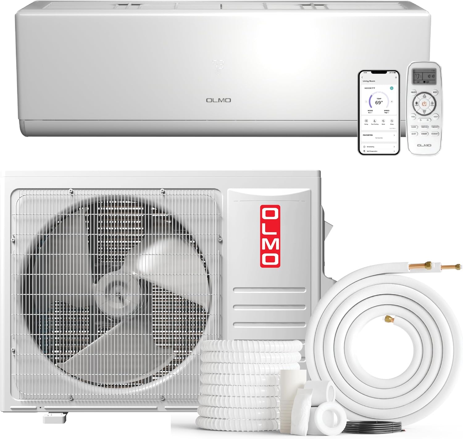OLMO 12,000 BTU 115V Ductless Mini Split Air Conditioner & Heat Pump – 17.4 SEER2 – 16FT Installation Kit Included – Inverter System – Pre-Charged with R-32