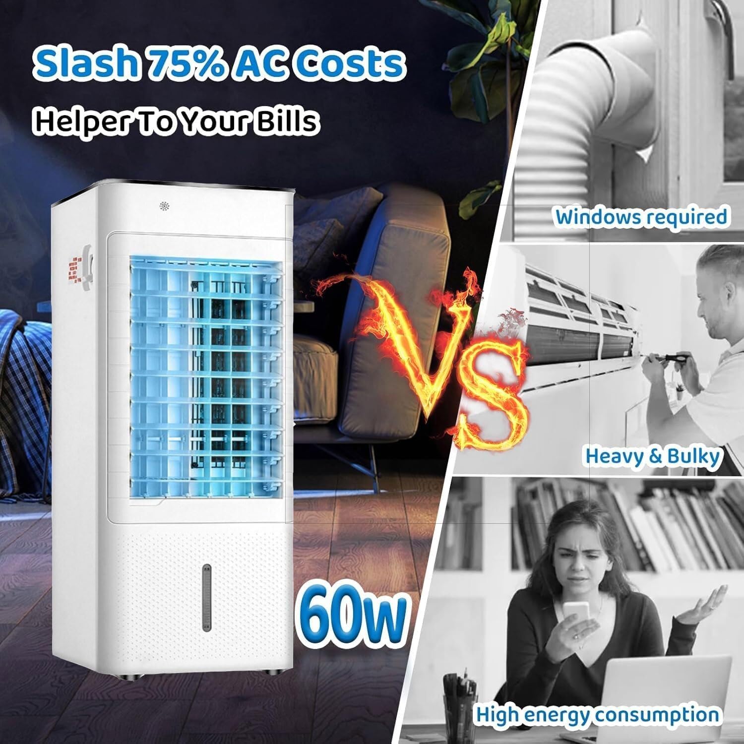 Windowless Portable Air Conditioner, 3-in-1 Evaporative Cooling AC Unit with Remote, 12H Timer, 90° Oscillation, Humidifier for Bedroom & Indoor Rooms