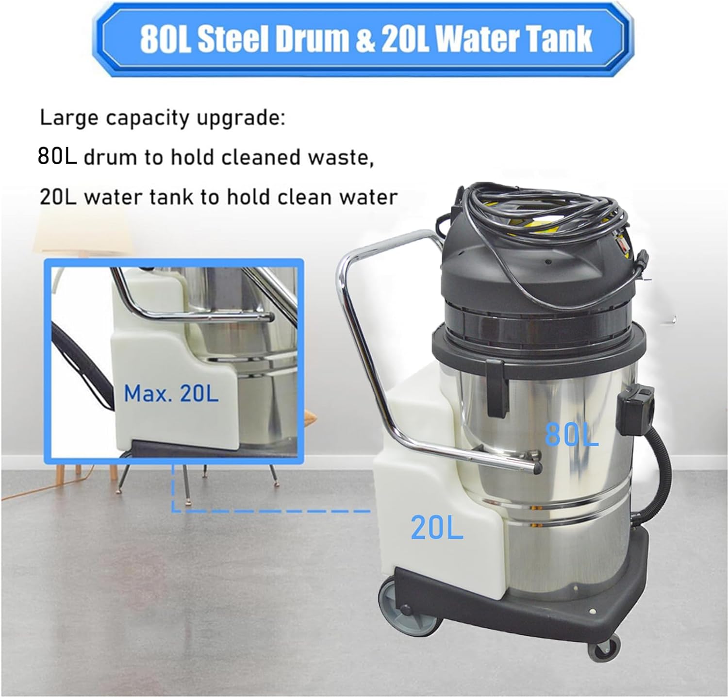 Commercial Carpet Cleaner 80L/21Gal Heavy-Duty 3 in 1 Extractor Machine (Spray,Vacuum,Wash) for Hotel/Office with 23ft Cord & Steel Drum 2000W 110V