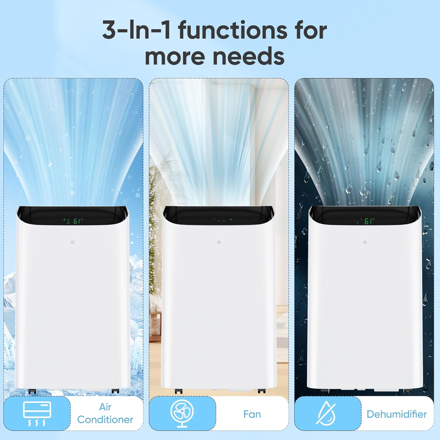 12,000 BTU Portable Air Conditioner Cools Up to 500 Sq.Ft, 3-IN-1 Energy Efficient Portable AC Unit with Remote Control & Installation Kits for Large Room, Campervan, Office, Temporary Space